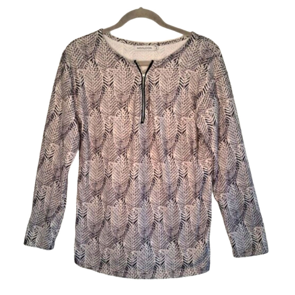 Misslook Neutral Black White Printed Zip Neck Blouse Size Medium